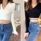 Collared Rib-knit Cropped Wrap Top