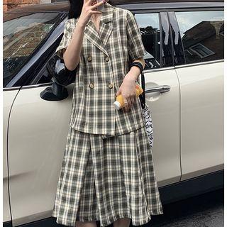 Short-sleeve Double Breast Plaid Blazer / Plaid Skirt