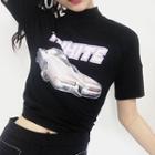 Lettering-printed Backless Short-sleeve T-shirt