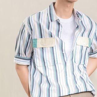 Contrast Panel Flap-pocket Striped Elbow-sleeve Shirt
