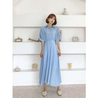 Pintuck-detail 3/4-sleeve Shirtdress