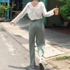 Knot Back Long-sleeve Sheer Top / Drawstring Pants