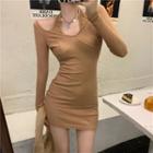 Cold Shoulder Long-sleeve Knit Dress Khaki - One Size