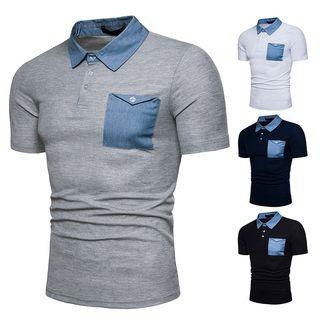 Short-sleeve Denim Panel Polo Shirt