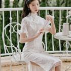Long-sleeve Slit Midi Sheath Lace Dress