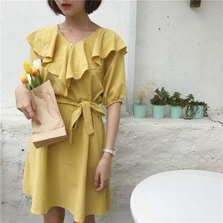 Elbow-sleeve Ruffle Tie-waist Dress