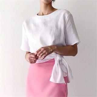 Round-neck Tie-side Linen Top