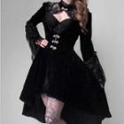 Long-sleeve Choker-neck Lace Panel A-line Dress