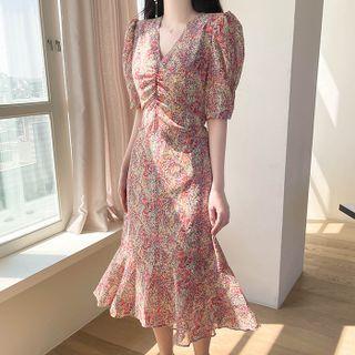 Shirred Ruffled Printed Maxi Chiffon Dress
