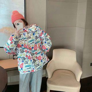 Graphic Print Hooded Zip Jacket Black & White & Red - One Size