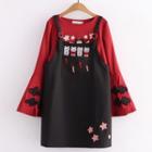 Bell-sleeve Frog-buttoned T-shirt / Cat Embroidered Overall Dress