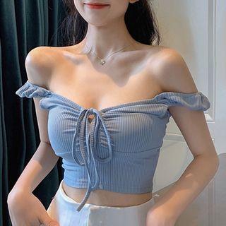 Off-shoulder Drawstring Ribbed Knit Top