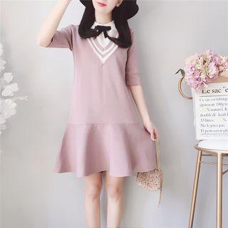 Elbow-sleeve Ruffle Hem Knit Dress