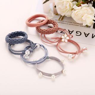 Faux Pearl Hair Tie Set A04-07-29 - Pink & Blue - One Size