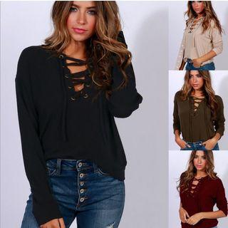 Long-sleeved Strappy V-neck Plain Slim Top