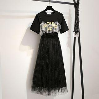 Set: Short-sleeve T-shirt + Overlay Midi Skirt