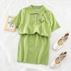 Set: Embroidered Knit T-shirt + High-waist Mini Dress