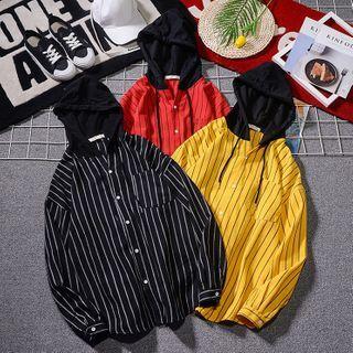 Couple Matching Long-sleeve Striped Hooded Button-up Top