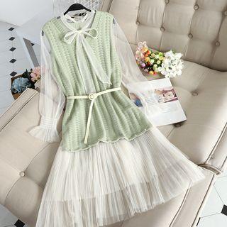 Set: Knit Vest + Long-sleeve Mesh Dress