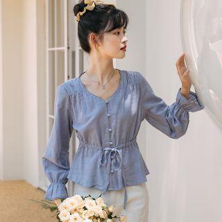 Drawstring-waist Plain Blouse Grayish Blue - One Size