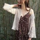 3/4-sleeve Perforated Open Front Cardigan