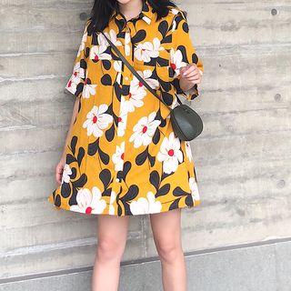 Elbow-sleeve Floral Print Mini Shirt Dress