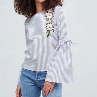 Bell-sleeve Embroidery Striped Top