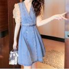 Mesh Sleeve Double-breasted A-line Denim Dress