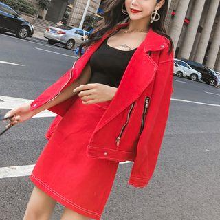 Set: Denim Biker Jacket + Mini A-line Denim Skirt