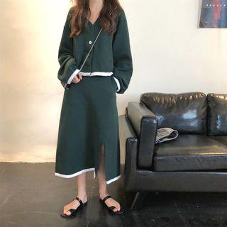 Set: Color-block V-neck Loose-fit Jacket + Skirt