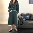 Set: Color-block V-neck Loose-fit Jacket + Skirt