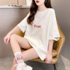 Elbow-sleeve Distressed Letter Embroidered T-shirt