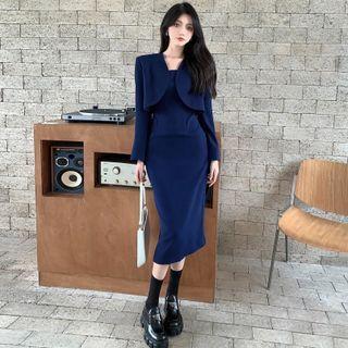 Set: Sleeveless Plain Dress / Long-sleeve Plain Cropped Cardigan