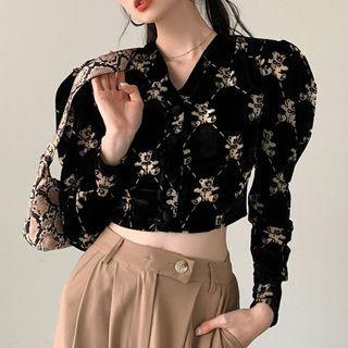 Bear Print Velvet Cropped Blouse