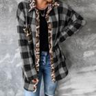 Leopard Print Trim Plaid Shirt Jacket
