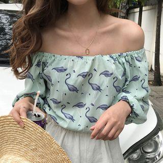 Flamingo Print Off Shoulder Elbow Sleeve Blouse