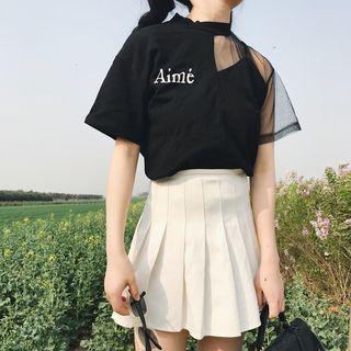 Lettering Short-sleeve Sheer Panel T-shirt
