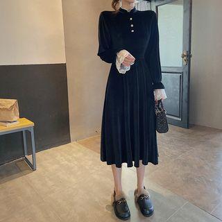 Lace-trim Velvet A-line Dress Black - One Size