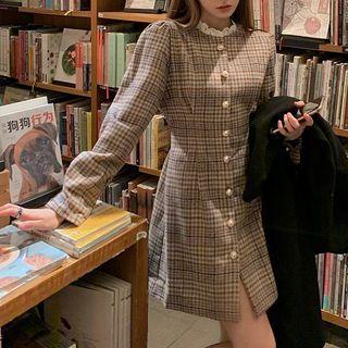 Plaid Long-sleeve Mini A-line Dress Plaid - Brown - One Size