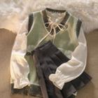 Chiffon Blouse / V-neck Sweater Vest / Mini A-line Skirt