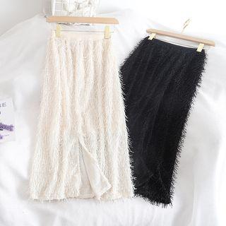 Furry Back-slit Midi Skirt