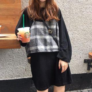 Crew-neck Long-sleeve T-shirt Dress / Plaid Camisole Top