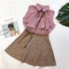 Set: Bow Accent Frill Trim Sleeveless Shirt + Plaid A-line Skirt