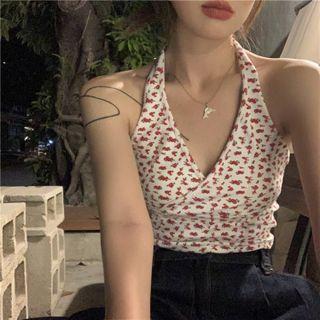 Halter Floral Crop Tank Top Floral - Red & White - One Size
