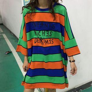 Lettering 3/4-sleeve Striped T-shirt