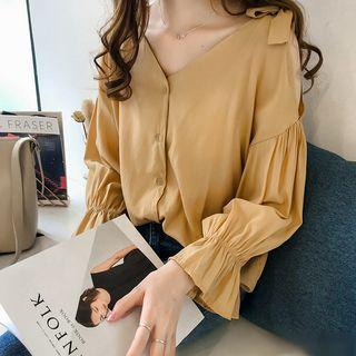 Ribbon V-neck Buttoned Blouse