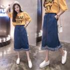 Fringed Midi A-line Denim Skirt