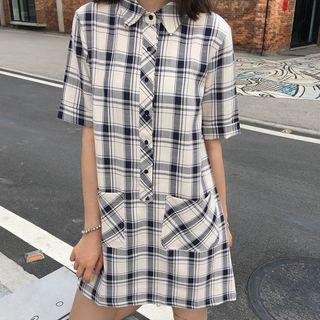 Elbow-sleeve Plaid Mini Shirt Dress Plaid - Blue - One Size