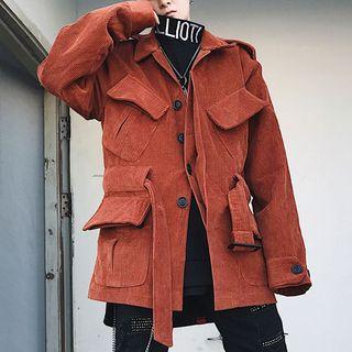 Ribbed Button Tie-front Coat