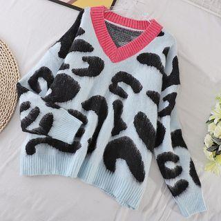 V-neck Color Block Zebra Print Knit Top Blue - One Size